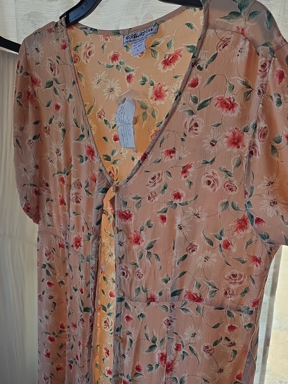 Equation Peach Floral Maxi Dress Button Down  with V-Neck NWT L